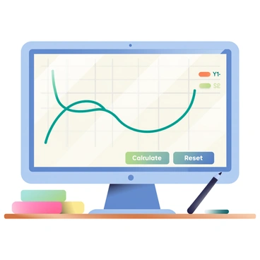 A computer screen is displaying a graph of a quadratic equation with a parabolic curve. The graph has a light blue background with a grid pattern overlaid in a soft gray. The curve is drawn in a bold green line, clearly showing the vertex and intercept points. Interactive elements such as sliders are positioned on the right side of the screen, allowing users to adjust coefficients of the equation. There are buttons labeled "Calculate" and "Reset" below the graph, presented in a modern design. The computer is placed on a wooden desk with a few colorful sticky notes and a black pen beside it.