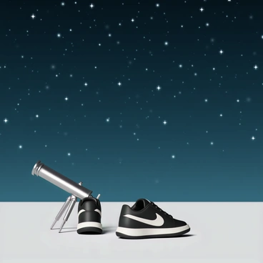 A pair of Nike shoes, featuring a blend of black and white colors with a sleek design, sits on the ground. Next to the shoes, there is a shiny silver telescope, positioned at an angle as if ready for stargazing. Above, the night sky is filled with countless stars sparkling brightly, creating a backdrop of deep indigo shades scattered with twinkling white lights. The scene conveys a sense of adventure and exploration, inviting viewers to imagine the wonders of the universe waiting to be discovered.