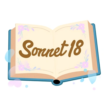 A page of an old book is open, displaying the text of "Sonnet 18" written in elegant script. The words are illuminated in gold, creating a striking contrast against the aged parchment background. The borders of the page are decorated with intricate floral patterns in soft gradient pastel colors. The overall composition evokes a sense of timeless literature and beauty, inviting the viewer to appreciate the artistry of the written word.