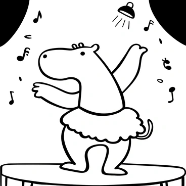 A cartoon hippo wearing a fluffy tutu is performing a dance on a stage. The hippo is standing on two legs, with its arms extended out to the sides. The stage has a wooden floor, and stage curtains are visible in the background. There are musical notes floating around the hippo, indicating the rhythm of the dance. A spotlight is shining down on the hippo, highlighting its playful form and the details of the tutu.