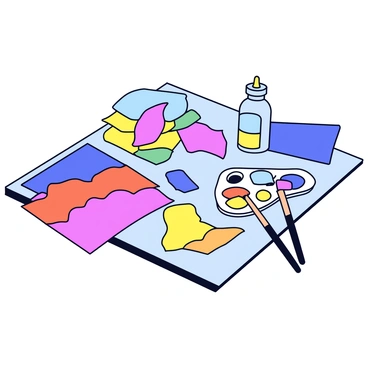 A table covered with an assortment of art materials. There are sheets of colorful paper in various sizes scattered across the surface. Different pieces of fabric in vibrant hues are piled on one side of the table. A bottle of clear glue sits prominently among the materials. Additionally, there are paintbrushes and a small palette with splashes of paint resting on the table, ready for use.