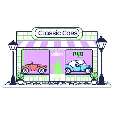 The exterior of a vintage car shop features large windows that showcase classic cars inside. The shop has a rustic wooden facade with a sign above the entrance that reads "Classic Cars" in bold letters. The windows are filled with a variety of vintage cars, including a red convertible and a blue coupe, all polished and gleaming. On either side of the entrance, there are potted plants with green leaves. The ground in front of the shop is made of cobblestones, and a vintage lamppost stands nearby, casting a soft glow on the scene.