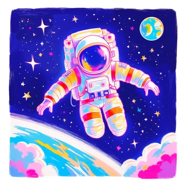 A powerful astronaut is floating in space, wearing a sleek, high-tech spacesuit that reflects light. The astronaut has a focused expression on their face, and the visor is slightly tinted. In the distance, the Earth is visible, a vibrant blue and green sphere, with swirling white clouds. Stars twinkle brightly in the dark expanse of space surrounding the astronaut, creating a stunning backdrop. The astronaut's hands are positioned out to the sides, as if balancing in the zero-gravity environment.