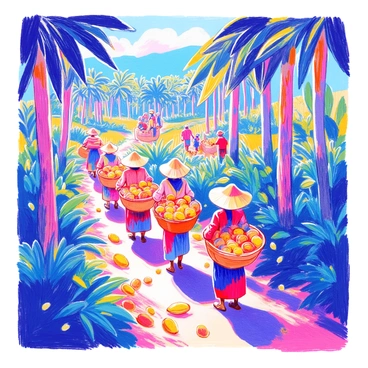 Farmers carrying baskets full of cocoa pods through a plantation