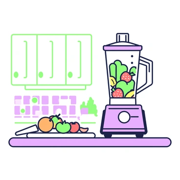 A blender is placed prominently on a kitchen countertop. The blender has a transparent jar filled with various fruits and greens. Inside the jar, there are green spinach leaves, vibrant strawberries, and sliced bananas arranged beautifully. Next to the blender, there is a cutting board with a knife resting on it, alongside some additional fruits such as an orange and an apple. The countertop is sleek, and behind it, there are kitchen cabinets that add to the domestic setting.