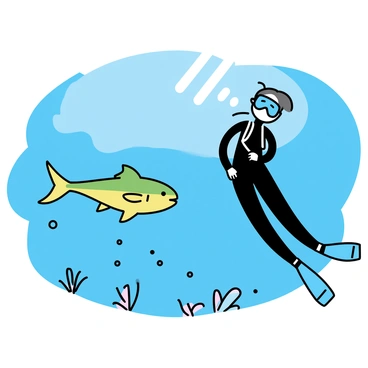A diver, wearing a black wetsuit and an aqua snorkel mask, is positioned underwater. The diver is observing a "majestic mahi-mahi," with vibrant green and yellow scales, swimming gracefully in the clear blue water. Surrounding the mahi-mahi are scattered coral formations and small schools of fish, creating a lively underwater environment. Sunlight filters through the water's surface, illuminating the scene with a soft glow. The diver's fins are visible as they gently propel through the water, maintaining a calm and observant posture.