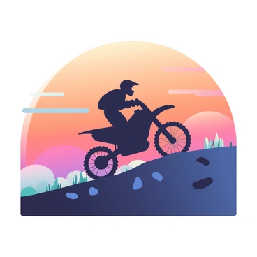 A lone dirt bike rider is positioned on a hill, creating a dark silhouette against the backdrop of a colorful sunset sky. The sky is filled with vibrant shades of orange, pink, and purple blending together seamlessly. The dirt bike is in profile, showcasing its distinct features like the large tires and handlebars. The rider is wearing a helmet and is leaning forward, suggesting motion and excitement. Below the hill, the ground is uneven with patches of grass and rocks, adding texture to the landscape.