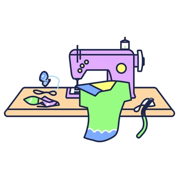 A sewing machine is positioned on a wooden table. The machine is metallic with various knobs and a foot pedal. Fabric pieces in blue and yellow are placed under the needle, with one piece being pulled forward as it is stitched together, forming the shape of a bubu gown. Scissors and a tape measure are nearby, along with a spool of thread that is partially unwound. The table has a few more fabric swatches in different patterns, and a pattern template of the gown is visible next to the sewing machine.