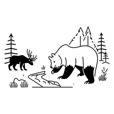 A large bear standing on all fours, its thick fur detailed with defined lines. Nearby, a moose with long antlers is grazing, its body proportionate and sturdy. The background features a mix of tall pine trees and rocky terrain, emphasizing the wilderness setting. In the distance, a small stream flows, surrounded by bushes and grass. The overall composition captures the essence of Canadian wildlife.