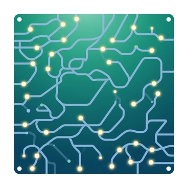 A circuit board is prominently displayed, its surface covered with intricate electronic paths that twist and turn like constellations in the night sky. The paths are rendered in glowing silver, creating a stark contrast against the dark green background of the circuit board. Small, bright LED lights are embedded along these paths, resembling stars scattered across the constellations. Each cluster of lights corresponds to a specific constellation pattern, adding depth and visual interest to the scene. The overall composition showcases the blend of technology and celestial design in a harmonious display.