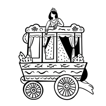 A bride wearing an intricate wedding dress is peeking out from a beautifully adorned bridal palanquin. The palanquin features elegant patterns and detailed carvings, creating a striking appearance. Delicate floral decorations and ornate drapes enhance the overall beauty of the palanquin. The bride's hand rests gently on the edge of the palanquin as she gazes outside, showcasing her intricate jewelry and henna patterns on her hands. A group of adorned bearers is positioned at the base, prepared to carry the palanquin forward.