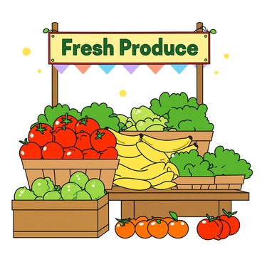 A colorful market stall filled with an array of fresh produce. There are large baskets overflowing with ripe red tomatoes, bright yellow bananas, and green leafy lettuce. A wooden crate displays shiny green apples, while another basket holds a collection of oranges with their peels gleaming. The stall is adorned with colorful banners, and a cheerful sign above reads "Fresh Produce." A few tomatoes are scattered on the stall's wooden surface, adding to the inviting look. The sun casts a warm glow over the scene, making the produce appear even more vibrant and appealing.