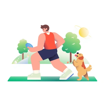 A person with brown hair, wearing a red tank top and black athletic shorts, is performing lunges on a grassy area in a park. Their dog, a small golden retriever, is playfully jumping around nearby, wagging its tail. The sun is shining, casting soft shadows on the ground. In the background, there are a few trees with lush green leaves and a walking path visible. The person is focused on their exercise, with one knee bent forward and the other leg extended back. The dog is holding a blue frisbee in its mouth, ready to play.