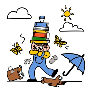 A cartoonish scene featuring a colorful character with big eyes and a wide smile, wearing a bright yellow shirt and blue overalls. The character is struggling to carry a large stack of books, which are teetering precariously. Around them, various daily challenges are illustrated: a spilled cup of coffee on the ground, a curious cat trying to catch a butterfly, and an open umbrella that has flipped inside out due to the wind. The background shows a sunny day with a clear blue sky and fluffy white clouds, enhancing the lively atmosphere of the scene.