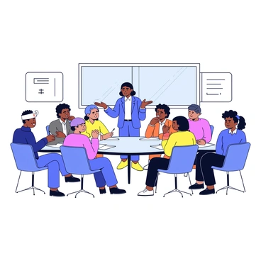 A diverse group of people seated around a rectangular boardroom table. There are individuals of different ethnicities, genders, and ages. A confident CEO stands at the head of the table, gesturing as they lead the discussion. Each person has a notebook and a pen in front of them, and some people are nodding in agreement while others are looking thoughtfully at the speaker. The room is well-lit, with a large window providing natural light, and there is a whiteboard visible in the background with notes written on it.