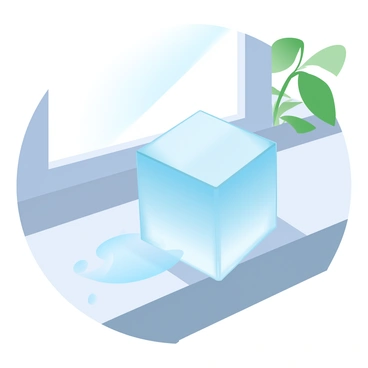 An ice cube is positioned on a wooden windowsill, with sunlight streaming through a nearby window. The ice cube is partially melted, creating a small puddle of water beneath it. The light reflects off the surface of the water, and small droplets are forming around the edges of the puddle. Soft shadows are cast by the ice cube and puddle onto the windowsill, enhancing the scene. Green leaves from a plant can be seen in the background, adding a touch of color to the composition.