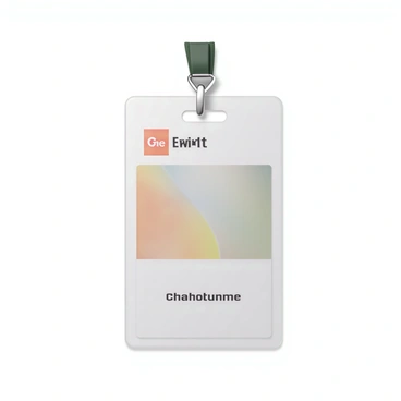 A professional event badge with a rectangular shape and rounded corners. The badge features a glossy finish that enhances its sleek appearance. It prominently displays the name of the event in bold, modern typography at the top. Below this, there is a clear space for the attendee's name in a legible font. The badge incorporates a branded logo in the top left corner, with a color palette that matches the event's theme. The background is a gradient of soft colors, providing a sophisticated backdrop. A lanyard in a complementary color hangs from the top, completing the design.