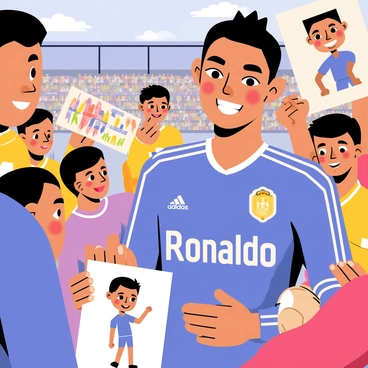 A close-up scene featuring "Ronaldo" in a blue jersey, smiling as he signs autographs for excited fans. "Fans" are gathered around him, holding up various memorabilia to be signed. The background shows a blurred stadium filled with cheering spectators. One fan is waving a "Ronaldo" poster, while another holds a soccer ball. The atmosphere is lively with expressions of joy and admiration on the faces of the fans.