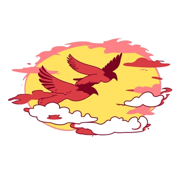 A red bird is soaring through an expansive sky filled with clouds that are painted in yellow. The bird's wings are outstretched as it glides against the backdrop of the vibrant sunset. The clouds vary in size and texture, adding depth to the scene. The warm glow of the sunset reflects off the bird's feathers, creating a striking silhouette against the colorful sky.
