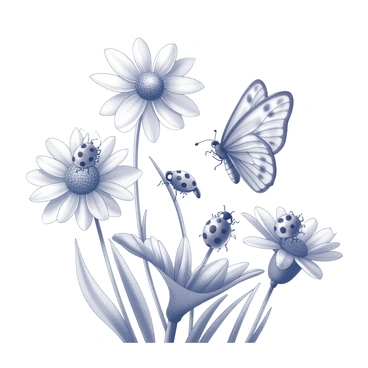 An illustration featuring common garden insects like ladybugs and butterflies on flowers.