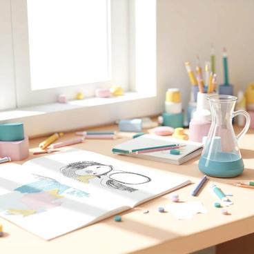 A creative workspace with a wooden desk, cluttered with scattered sketches and various art supplies. There are colored pencils, paintbrushes, and tubes of paint arranged haphazardly across the surface. A glass flask, filled with vibrant paint, is placed next to an open sketchbook, showing a half-finished drawing. Natural light streams in from a nearby window, casting soft shadows across the scene, emphasizing the artistic process at play.