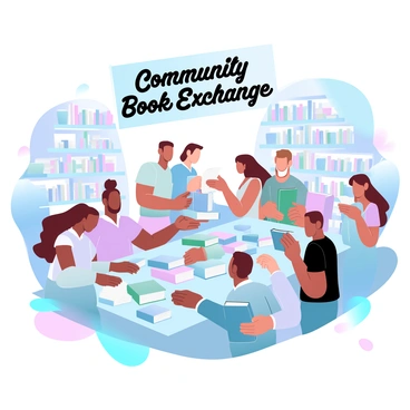A group of diverse individuals is gathered around a large table filled with books. Some people are flipping through the pages of colorful book covers, while others are exchanging titles with enthusiasm. In the background, several shelves are overflowing with an array of books in various sizes and colors, creating a vibrant scene. A few people are holding armfuls of books, and a large sign reads "Community Book Exchange" in bold letters above the table. The atmosphere is lively and welcoming, filled with the joy of sharing literature.