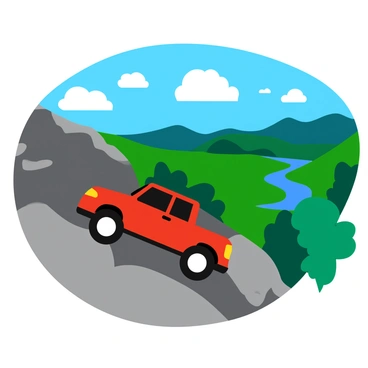 A red 4x4 vehicle is navigating a steep, rocky mountain trail. The rugged terrain features large boulders and sharp angles, showcasing the vehicle's off-road capabilities. In the background, a breathtaking view of the valley unfolds, with green hills and a winding river sparkling in the sunlight. Fluffy white clouds are scattered across a bright blue sky, adding to the vibrant scene. The 4x4 is positioned at an angle, emphasizing its climb and the challenging landscape surrounding it.