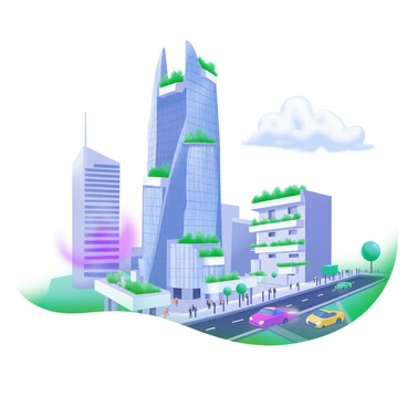 A detailed architectural illustration showcasing a "modern skyscraper" with sleek glass walls and a unique geometric design. The building features multiple levels adorned with green terraces and balconies filled with plants. Surrounding the skyscraper are smaller buildings with contemporary designs, and a clear blue sky with a few fluffy clouds above. In the foreground, there is a bustling urban environment with people walking and cars passing by, enhancing the dynamic feel of the scene.