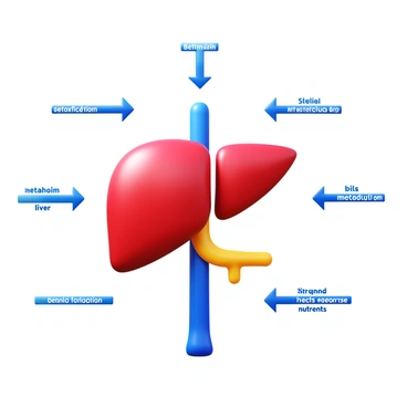 A detailed illustration of a human liver, prominently displayed in the center. Surrounding the liver, multiple arrows are pointing towards the organ, each labeled with its various functions. One arrow is marked "detoxification," another is labeled "metabolism," while additional arrows indicate other functions such as "bile production" and "storage of nutrients." The liver has a realistic texture and color, showcasing its anatomical features for educational purposes. The arrows are designed with clear, bold text to enhance readability, creating an informative and visually engaging composition.