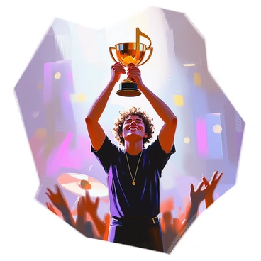 A musician with curly hair and a bright smile stands proudly on a concert stage, holding a large golden music note trophy above their head. The musician is wearing a stylish black outfit that glimmers under the stage lights. The background features dimmed lights and a hint of a cheering crowd, creating an atmosphere of celebration. The trophy, shaped elegantly like a music note, shines brightly in the musician's hand.