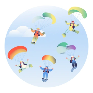 Several skydivers are in the air, each wearing a different colored jumpsuit. Each skydiver is deploying a uniquely colored parachute, creating a vibrant rainbow effect against the blue sky. The parachutes are in shades of red, orange, yellow, green, blue, and purple, contrasting beautifully with the clouds. The skydivers are spread out across the sky, some in free fall while others are gently descending with their parachutes fully open. The sunlight catches the fabric of the parachutes, making them appear even more vivid.