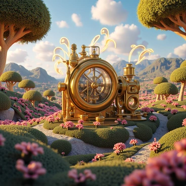 A large, intricate machine made of brass and glass, featuring a myriad of gears and levers. The machine is surrounded by a fantastical landscape filled with vibrant, colorful trees with swirling patterns on their leaves. In the background, there are rolling hills with glowing flowers and a sky filled with unusual shapes of clouds. Emanating from the machine are streams of glowing energy that transform into abstract illustrations, floating in the air. The scene is bathed in a warm, ethereal light that accentuates the surreal essence of the environment.