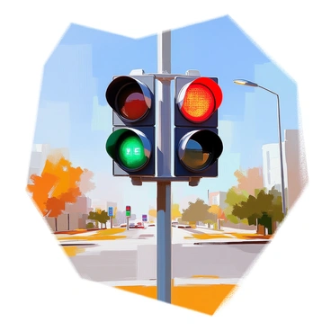 A pair of traffic lights positioned side by side, with the left light displaying a vibrant green color and the right light showing a bold red hue. The green light is illuminated, symbolizing "yes," while the red light is lit up, signifying "no." The traffic lights are mounted on a pole, and their distinct colors stand out against a clear blue sky. The surrounding area includes a paved road and a few distant trees.
