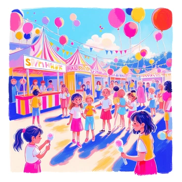 A poster for an annual school fair features a vibrant scene filled with colorful balloons of various shapes and sizes floating above the festival grounds. There are several carnival games set up, including a ring toss, a dart throw, and a bean bag toss, each adorned with bright signage. Happy children, wearing cheerful clothing, are engaged in playing the games, laughing, and celebrating together. Some children are holding cotton candy and other treats. In the background, there are streamers and banners hanging, adding to the festive atmosphere.