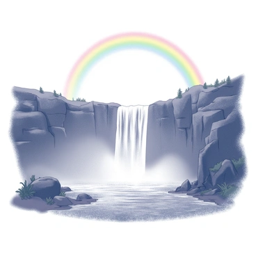 A large waterfall cascades down steep rocky cliffs, creating a powerful rush of water as it plunges into the river below. Mist rises from the base of the falls, creating a dynamic atmosphere. Above the waterfall, a rainbow arches gracefully across the sky, its vibrant colors contrasting against the monochrome scene. Surrounding the falls, lush foliage and rugged rock formations add depth to the landscape, emphasizing the majesty of this natural wonder.
