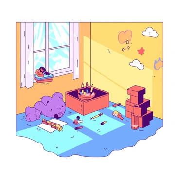 A child's playroom features colorful toys scattered across a soft blue carpet. There is a yellow wall adorned with playful designs such as clouds, stars, and cartoon animals. In one corner, a small wooden table has several art supplies, including crayons and coloring books. A plush purple teddy bear is resting against a stack of bright red blocks nearby. A cheerful orange toy box sits against the wall, partially open, revealing more toys inside. The room is filled with sunlight streaming through a window with white curtains, creating a warm and inviting atmosphere.