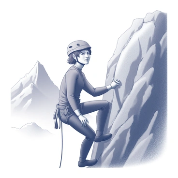 A climber ascending a steep mountain face. The climber is wearing a helmet and climbing gear, with ropes attached for safety. Their facial expression shows determination and focus as they navigate the rocky terrain. The background features jagged peaks and a rugged landscape, emphasizing the challenging nature of the ascent. The climber's hands grip the rocky surface firmly, demonstrating their strength and skill in climbing.