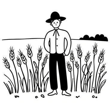 A scarecrow standing tall in the center of a vast field of wheat. The scarecrow is made of old clothes and straw, with a wide-brimmed hat perched on its head. The wheat surrounding the scarecrow sways gently in the breeze, creating a sea of slender stalks. In the background, the horizon stretches out, marked by a few distant trees silhouetted against the sky. The ground is uneven, with tufts of grass and small stones scattered throughout the field.