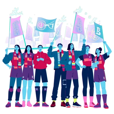 A diverse group of ultras fans standing together in solidarity. The fans display a mix of ethnicities, ages, and genders, all wearing vibrant team jerseys and scarves with bold colors and logos. They are gathered closely, some raising their fists in the air to show unity, while others wave flags with intricate designs. The background is filled with a dynamic atmosphere, including banners and flares creating a sense of excitement and camaraderie among the crowd.