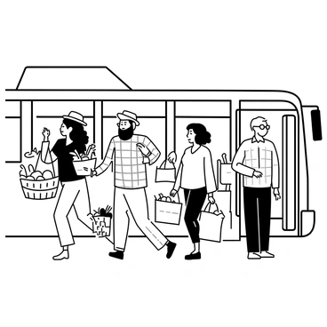 A group of shoppers is boarding a bus after visiting a local market. Each shopper is carrying a basket filled with fresh produce, while others have reusable bags overflowing with fruits and vegetables. The shoppers are diverse in appearance, including a woman with curly hair wearing a sun hat, a man with a beard in a plaid shirt, and an elderly person with glasses holding a wicker basket. The bus doors are open wide, and the interior is visible with seats arranged neatly. The atmosphere is bustling, with excited chatter among the shoppers as they prepare to take their purchases home.