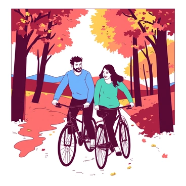 A couple riding bicycles together through a vibrant autumn forest