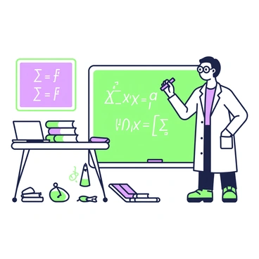 A quantum physicist is standing in front of a large chalkboard filled with complex equations. The physicist has glasses and is wearing a lab coat. They are holding a piece of chalk in their right hand while writing down a detailed equation that includes symbols like "ψ" and "ℏ". In the background, there is a table with various scientific books and a laptop. The room is filled with papers scattered on the floor and a few other chalkboards that also display advanced mathematical formulas.