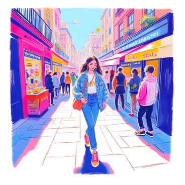A girl is walking down a bustling city street. She is wearing a stylish oversized denim jacket, a fitted graphic t-shirt, and high-waisted skinny jeans. Her sneakers are bright and colorful. She carries a small crossbody bag and wears large hoop earrings. The street is filled with people, some looking at their phones, while others chat animatedly. In the background, there are tall buildings with large windows and vibrant storefronts displaying fashion items. Street vendors are selling food, and there are colorful umbrellas from outdoor cafes lining the sidewalk.