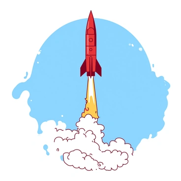 A red rocket is launching into the sky, soaring upwards with great speed. It emits bright orange flames from its engines, which illuminate the surrounding area. A thick trail of white smoke follows the rocket, spiraling upwards and dissipating into the atmosphere. The sky is a clear blue, providing a striking contrast to the vibrant colors of the rocket and its fiery exhaust. The rocket is depicted in a dynamic vertical position, emphasizing its powerful ascent.