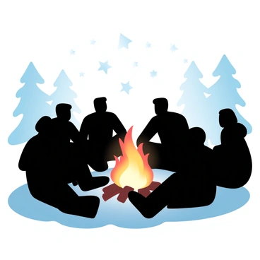 Silhouettes of several people are gathered around a campfire, their bodies cast in dark shadows against the glow of the flames. The figures are in various poses, some leaning in towards each other while others are sitting with relaxed postures. The campfire emits flickering light, illuminating the surrounding area with a warm, inviting aura. The background features the outlines of tall trees, adding a sense of depth to the scene. Above them, a starry sky stretches out, emphasizing the outdoor setting.