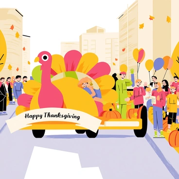 A giant colorful turkey float with vibrant feathers in shades of red, orange, yellow, and green is leading a Thanksgiving parade. The float is adorned with autumn leaves and pumpkins, with a large "Happy Thanksgiving" banner across the front. The float is surrounded by cheerful parade participants in festive costumes, holding balloons and waving to the crowd. Spectators line the city street, smiling and taking photos, while buildings in the background are decorated with fall-themed displays and lights.