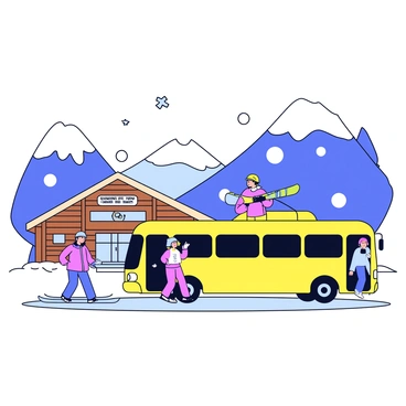 A shuttle bus with a bright yellow exterior is parked at the base of a popular ski resort, surrounded by snow-covered mountains. Skiers in colorful jackets and helmets are disembarking from the bus, carrying their skis and snowboards. The resort's main building, made of wood and stone, is visible in the background, with a sign that reads "Welcome to Summit Ski Resort." Snowflakes are gently falling from the overcast sky, adding to the winter atmosphere.