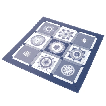 A quilt displayed flat, showcasing a patchwork design made of various geometric patterns and symbols. Each square features different cultural motifs, such as intricate mandalas, tribal designs, and traditional emblems. The quilt is bordered with a simple yet elegant stitching that complements the diverse patterns within. The fabric appears textured, revealing the craftsmanship involved in creating this piece, representing a blend of heritages and identities.