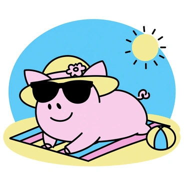 A cheerful pig, with a light pink skin tone, is lying on a colorful beach towel patterned with stripes. The pig is wearing oversized black sunglasses that cover its eyes and a wide-brimmed sunhat with a floral design. The sun is shining brightly in the clear blue sky, casting a warm glow over the scene. The towel is positioned on fine golden sand, and the pig's small, curly tail is visible at the back. Nearby, a beach ball can be seen, adding to the playful atmosphere of the setting.