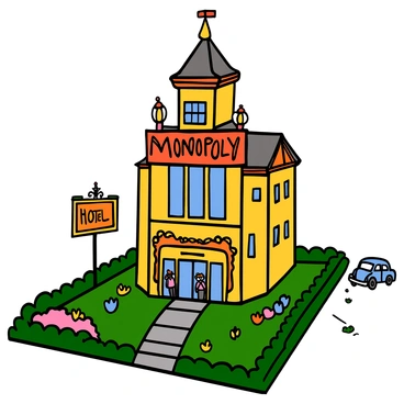 A luxurious hotel property from a Monopoly game, featuring a grand building with a tall, ornate facade. The hotel is painted in vibrant colors, with large windows and an eye-catching sign that reads "Monopoly Hotel" in a playful font. Surrounding the hotel, there is a well-manicured lawn with neatly trimmed hedges and colorful flower beds. A pathway leads up to the entrance, where elegant doors open into the lobby. The roof has a distinct peaked design, adorned with decorative elements. Nearby, there are small details like a parked vintage car and a friendly bellhop standing at the entrance, ready to assist guests.